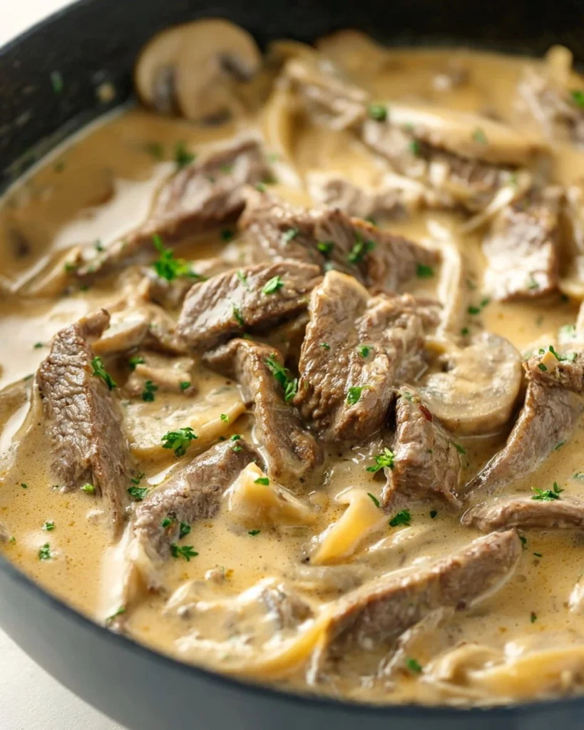 Creamy beef stroganoff served with pasta and garnished with parsley