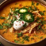 Delicious creamy chicken enchilada soup garnished with cilantro and lime.