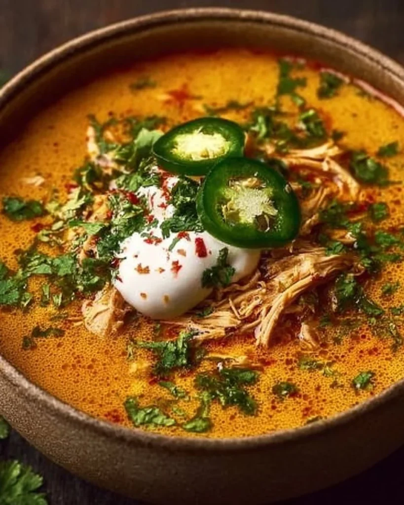 Delicious creamy chicken enchilada soup garnished with cilantro and lime.