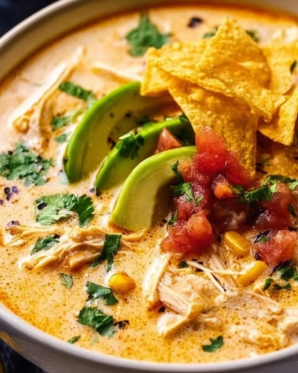 Creamy chicken tortilla soup garnished with tortilla strips and cilantro.