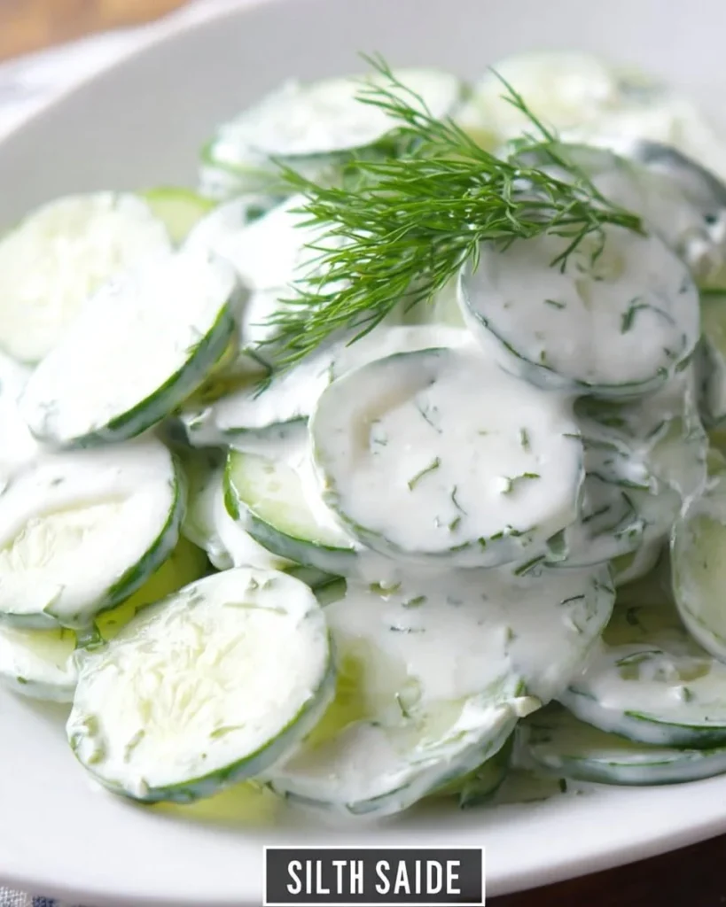Creamy cucumber salad with dill and sour cream in a bowl