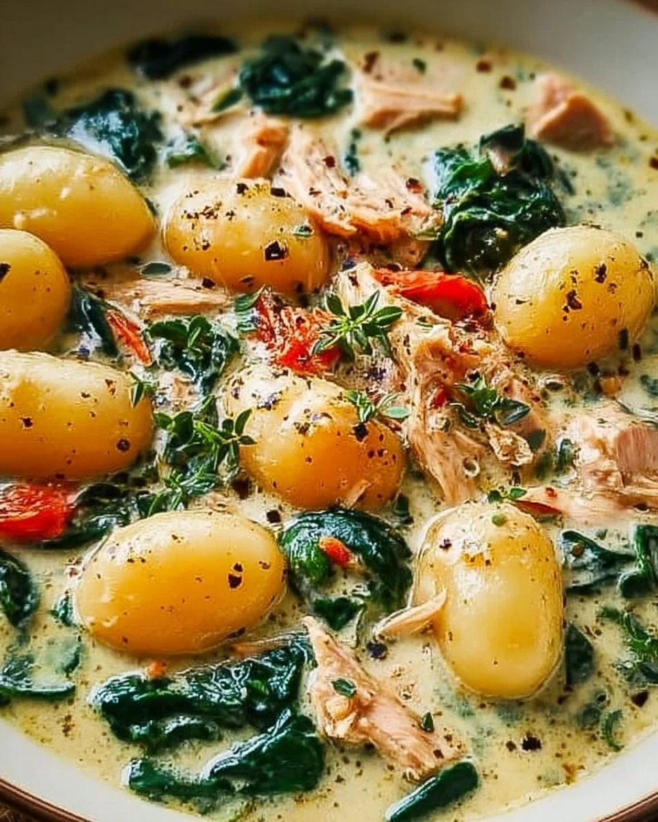 Creamy low carb high protein gnocchi soup in a bowl with fresh herbs