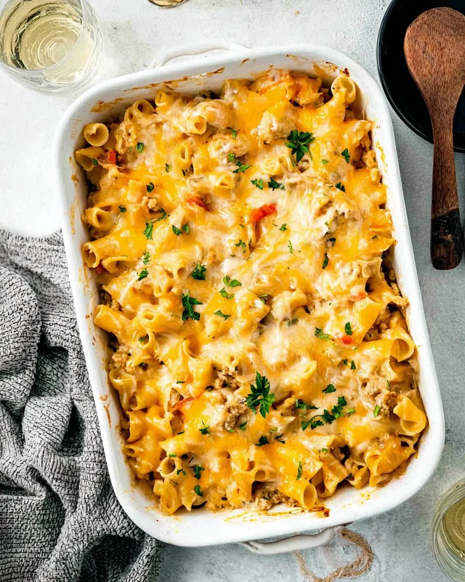 Creamy ground turkey pasta bake topped with cheese in a casserole dish