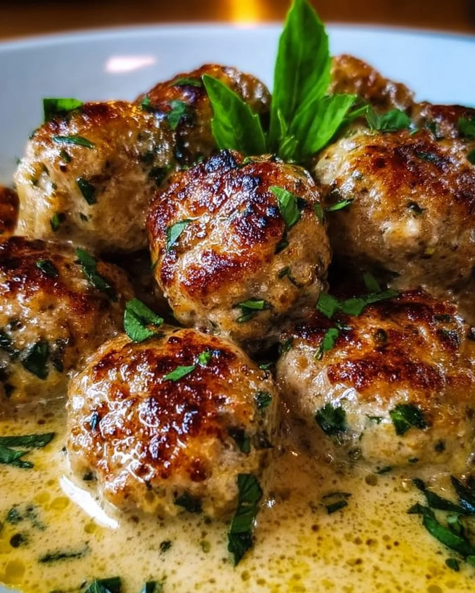 Creamy Marry Me Chicken Meatballs served with herbs and sauce