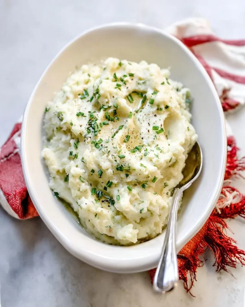 Delicious creamy mashed cauliflower served in a bowl with herbs