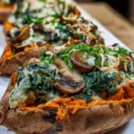 Creamy mushroom and spinach stuffed sweet potatoes served on a plate.