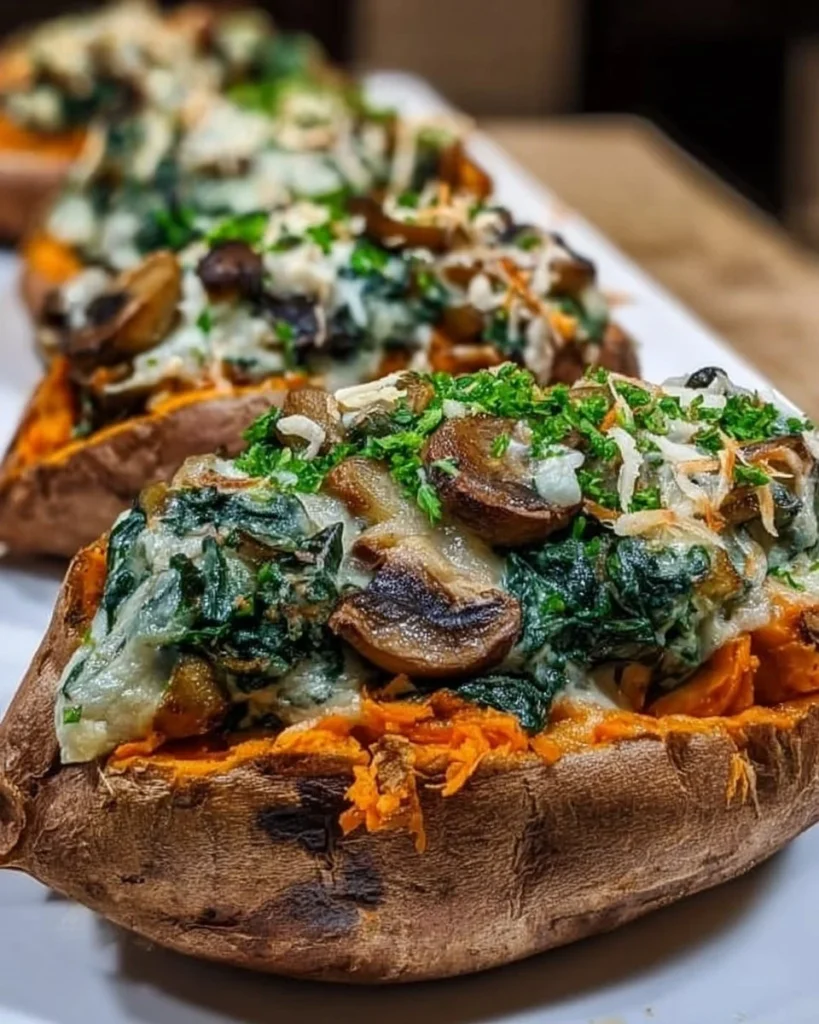 Creamy mushroom and spinach stuffed sweet potatoes served on a plate.