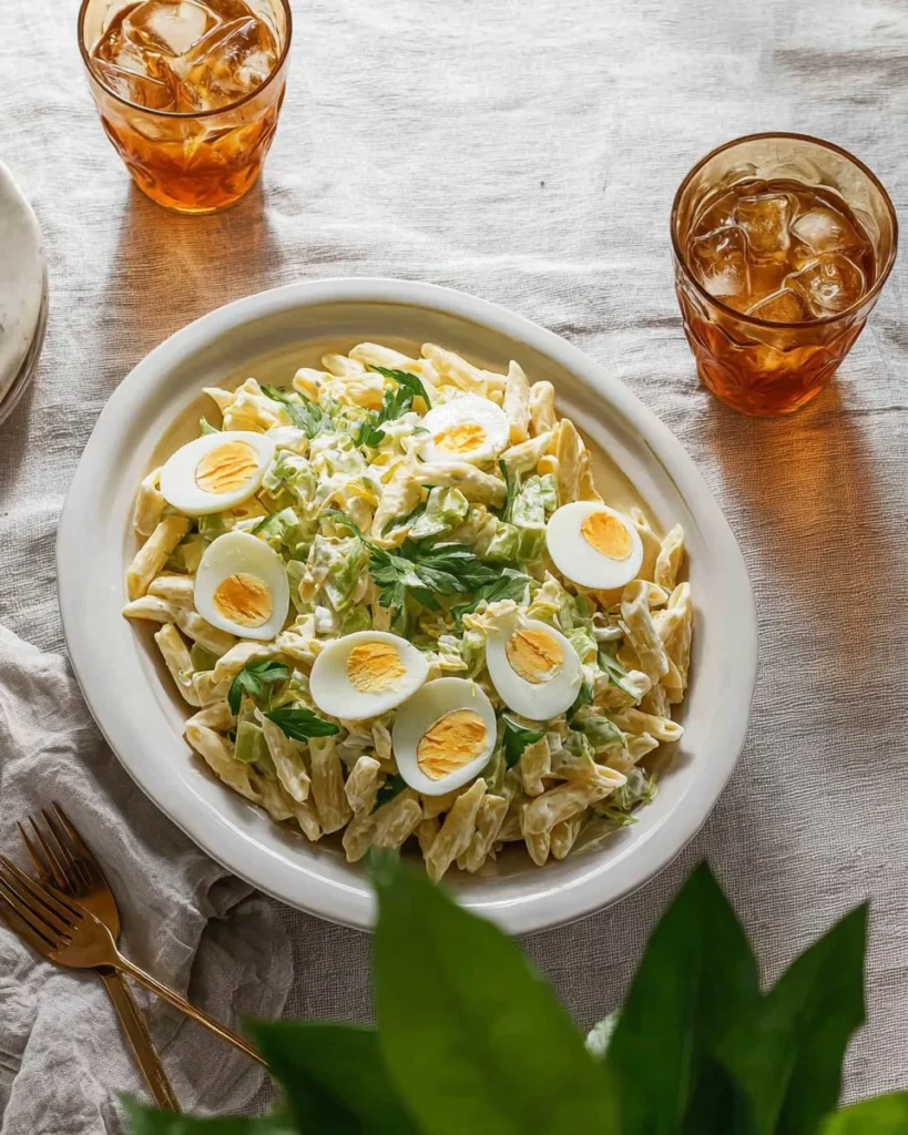 Bowl of creamy pasta salad with colorful vegetables and herbs