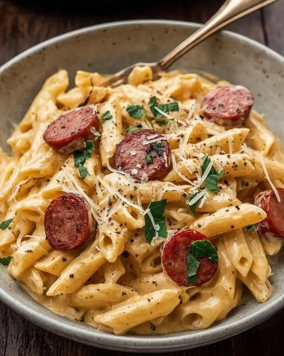 Creamy smoked sausage pasta dish, garnished and ready to serve.