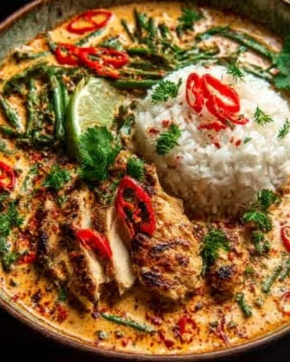 Creamy Thai Red Curry Chicken Bowl with colorful vegetables and rice