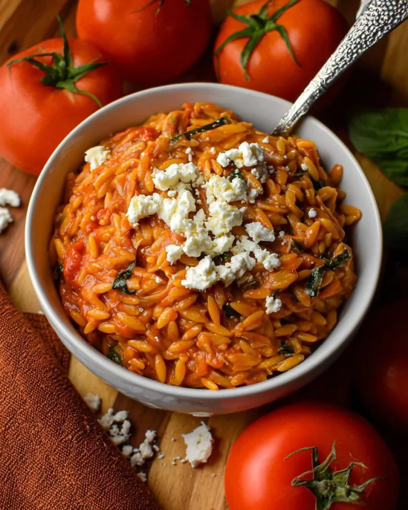 Creamy Tomato Orzo with Feta, a healthy family meal recipe