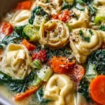 Bowl of creamy vegetable tortellini soup with fresh vegetables and tortellini