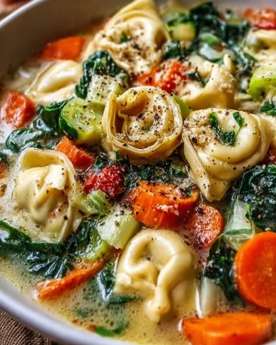 Bowl of creamy vegetable tortellini soup with fresh vegetables and tortellini