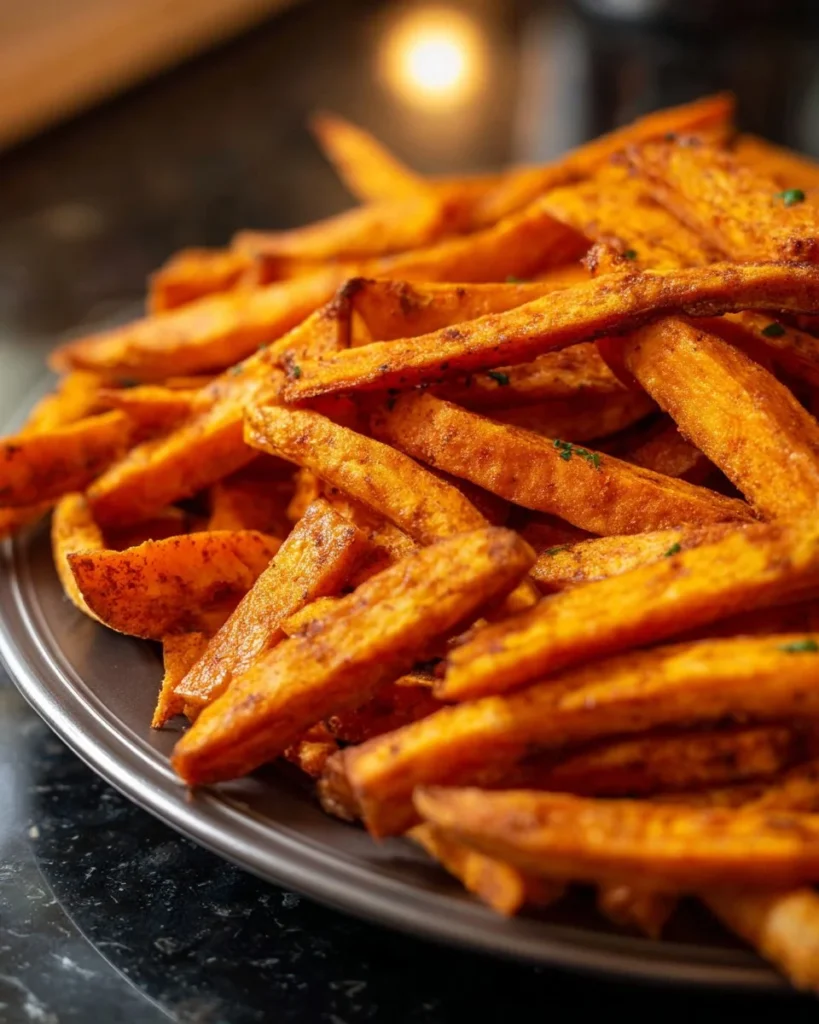 Crispy air fryer sweet potato fries served on a plate with dipping sauce