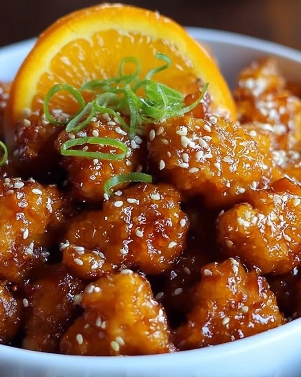 Delicious crispy orange chicken served with a tangy glaze and garnished.