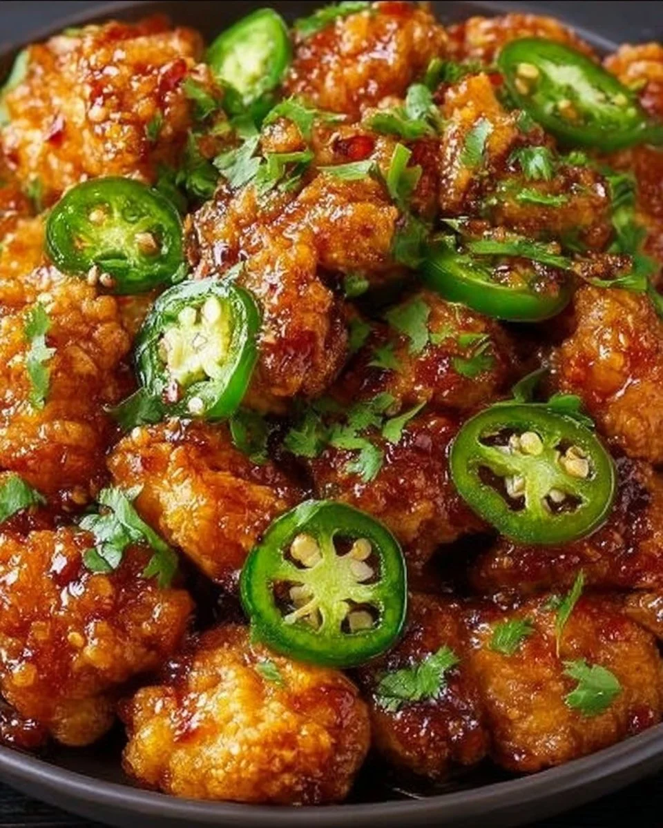 Plate of crispy spicy jalapeño chicken garnished with fresh herbs