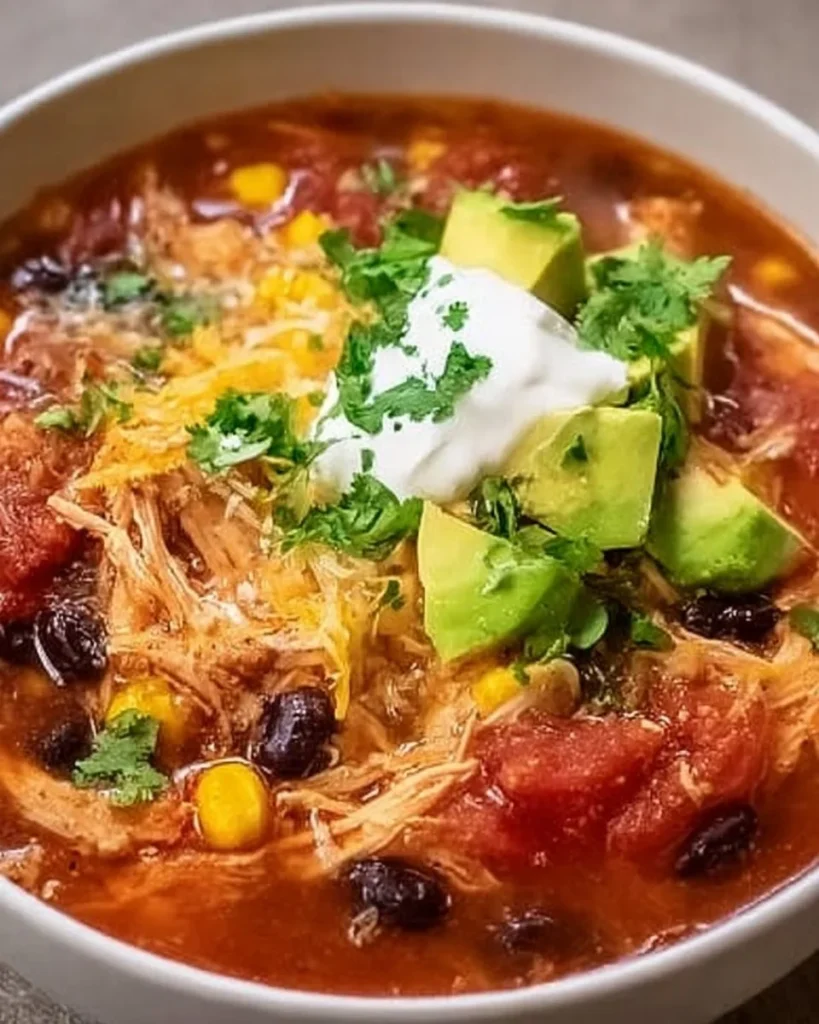 Crockpot chicken taco soup garnished with cilantro in a bowl
