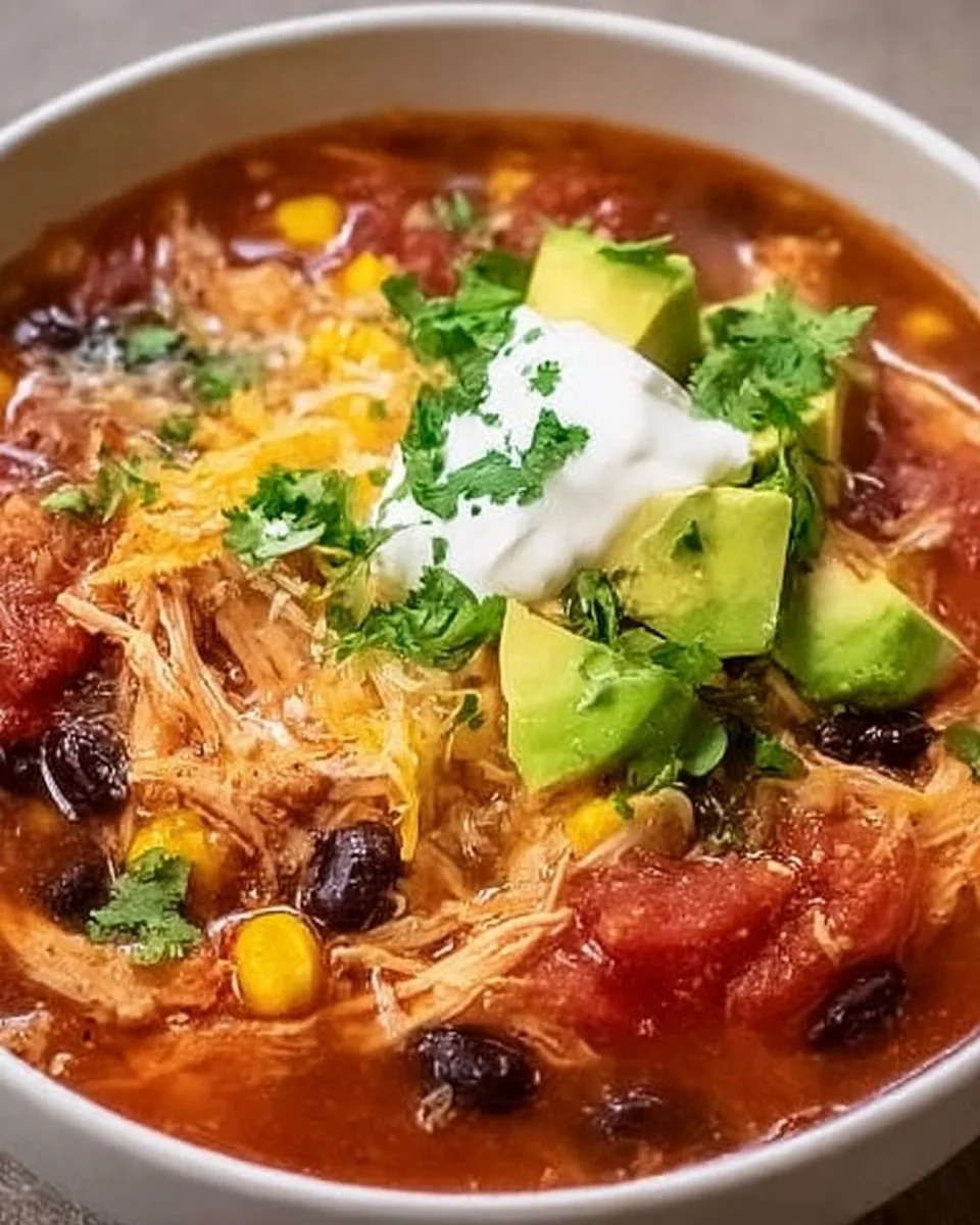 Crockpot chicken taco soup garnished with cilantro in a bowl