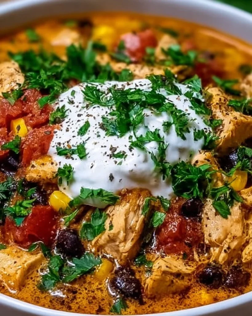 Bowl of creamy chicken chili topped with cheese and herbs