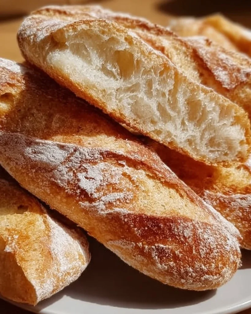 Freshly baked crusty mini baguettes, golden and crispy on the outside.