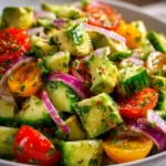 Fresh cucumber avocado salad with creamy dressing in a bowl