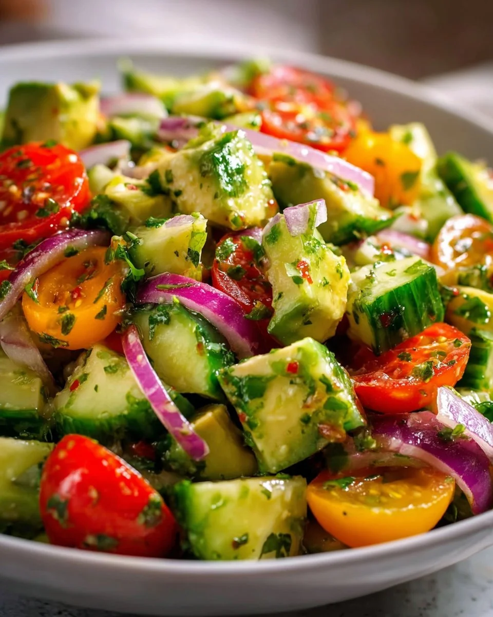 Fresh cucumber avocado salad with creamy dressing in a bowl