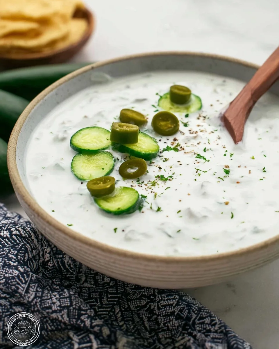 Creamy cucumber yogurt sauce served in a bowl with fresh herbs