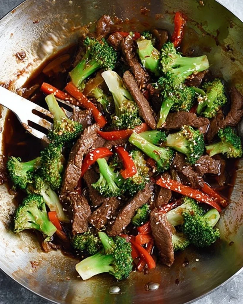Delicious beef and broccoli dish with vibrant green vegetables.