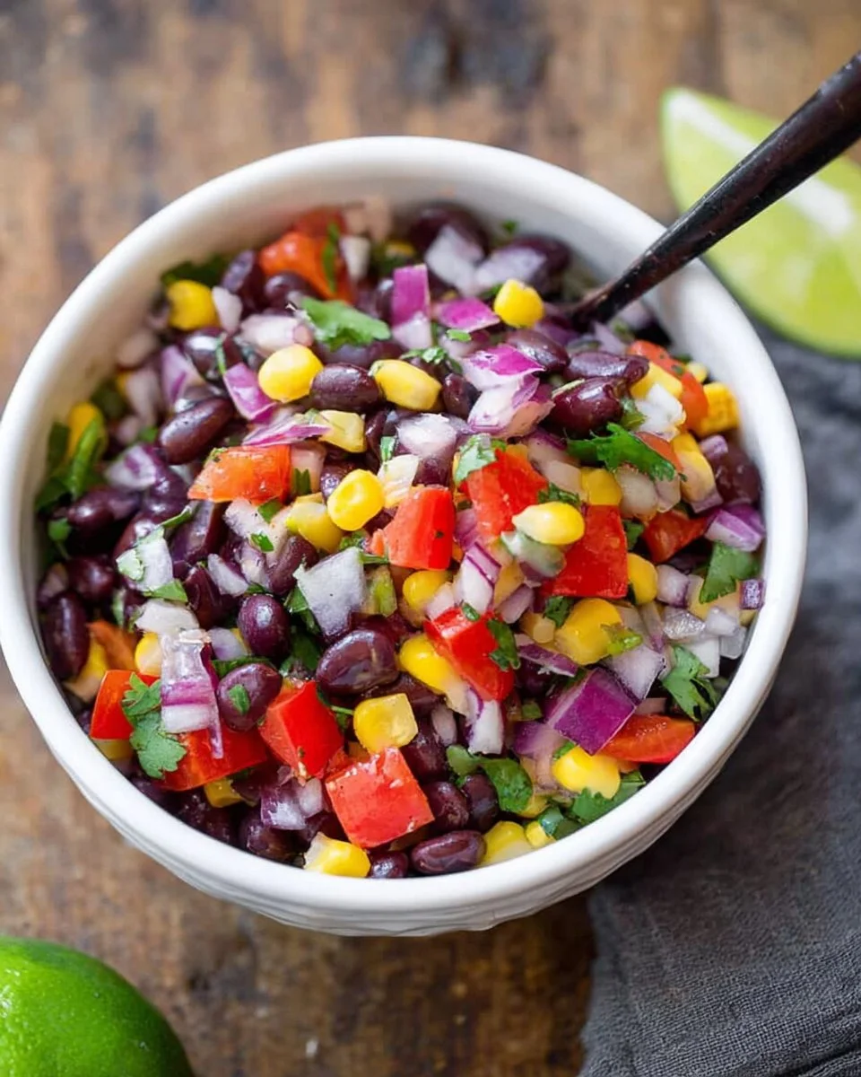 Healthy black bean salad recipe with colorful vegetables and dressing