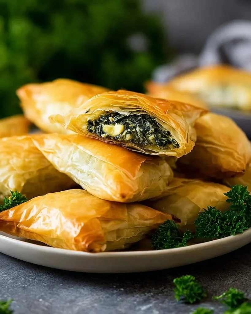 A slice of delicious spinach pie on a plate, garnished with herbs.