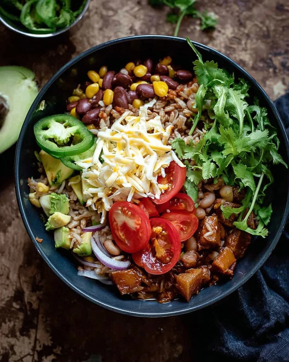 High-protein vegetarian burrito bowls with fresh ingredients and spices