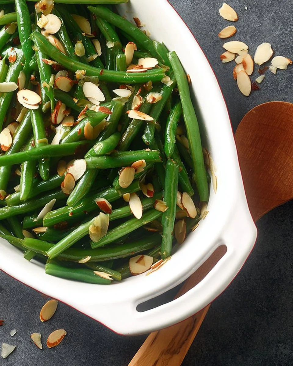 Plate of green beans almondine garnished with almonds and lemon