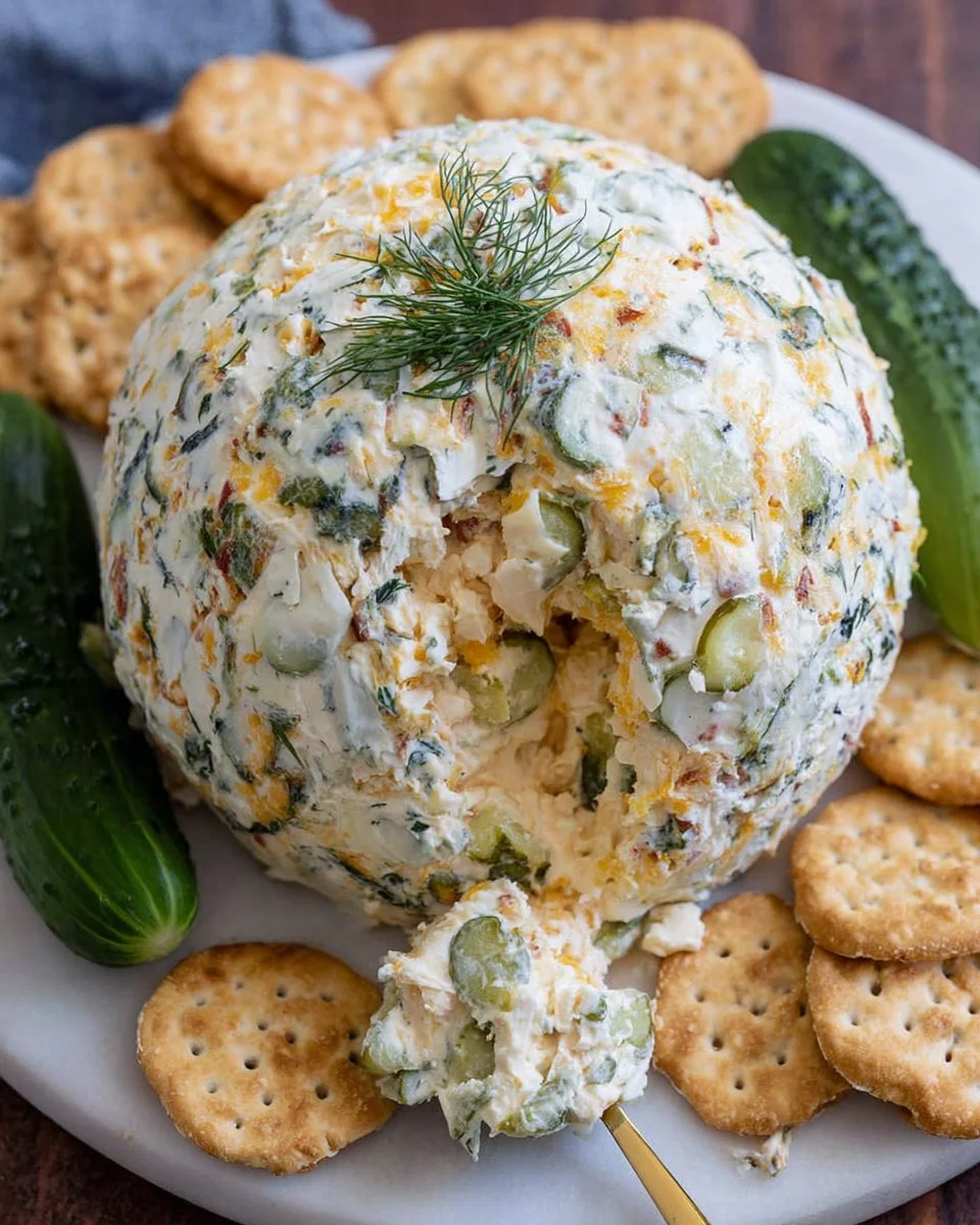 Delicious Dill Pickle Cheese Ball garnished with herbs on a white platter.