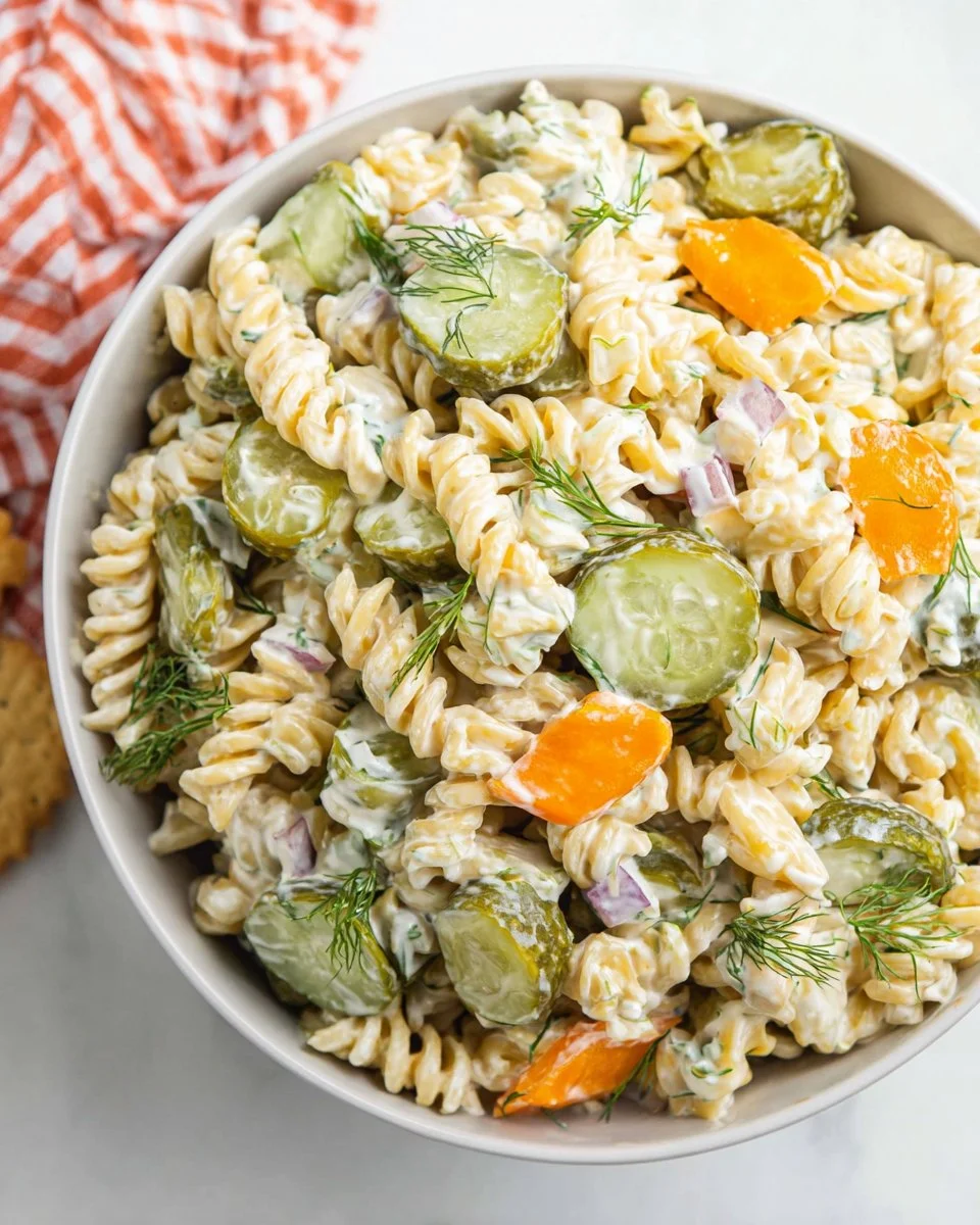 Delicious Dill Pickle Pasta Salad with creamy dressing and garnished pickles