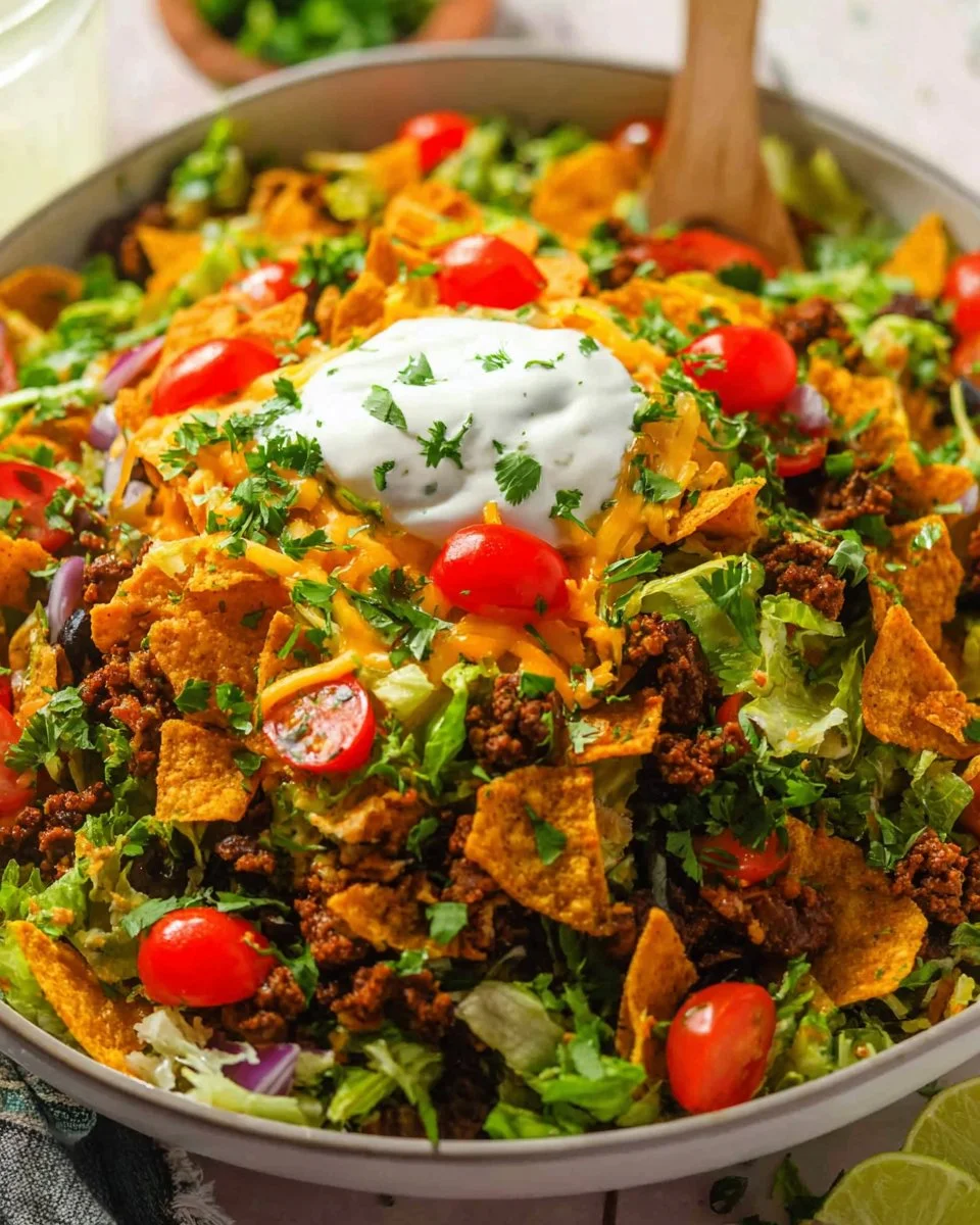 Delicious Dorito Taco Salad served in a bowl with vibrant toppings