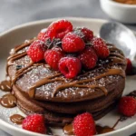 Double Chocolate Protein Pancake Bowl topped with fresh fruits and chocolate drizzle
