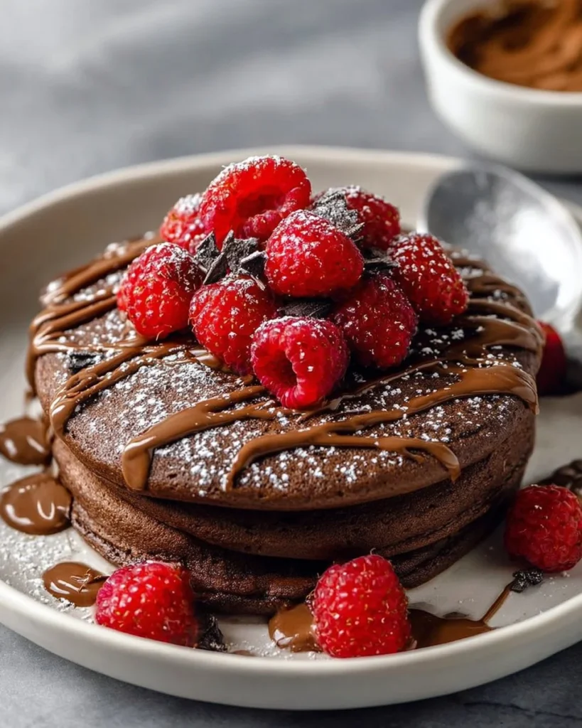 Double Chocolate Protein Pancake Bowl topped with fresh fruits and chocolate drizzle