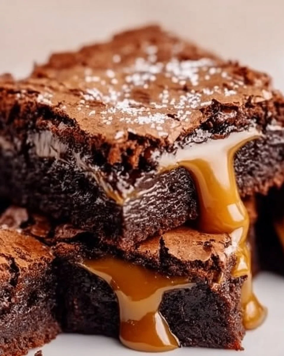 Decadent Dulce de Leche Brownies drizzled with caramel sauce