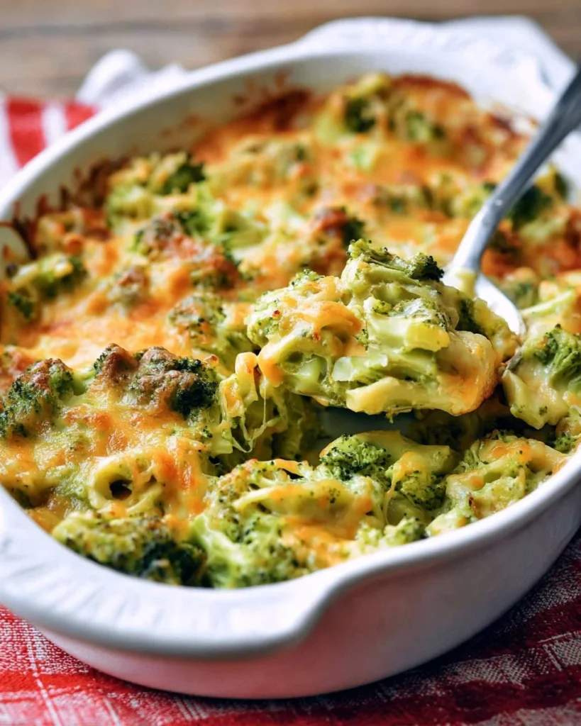 Delicious Easy 30 Minute Broccoli Cheese Casserole in a baking dish