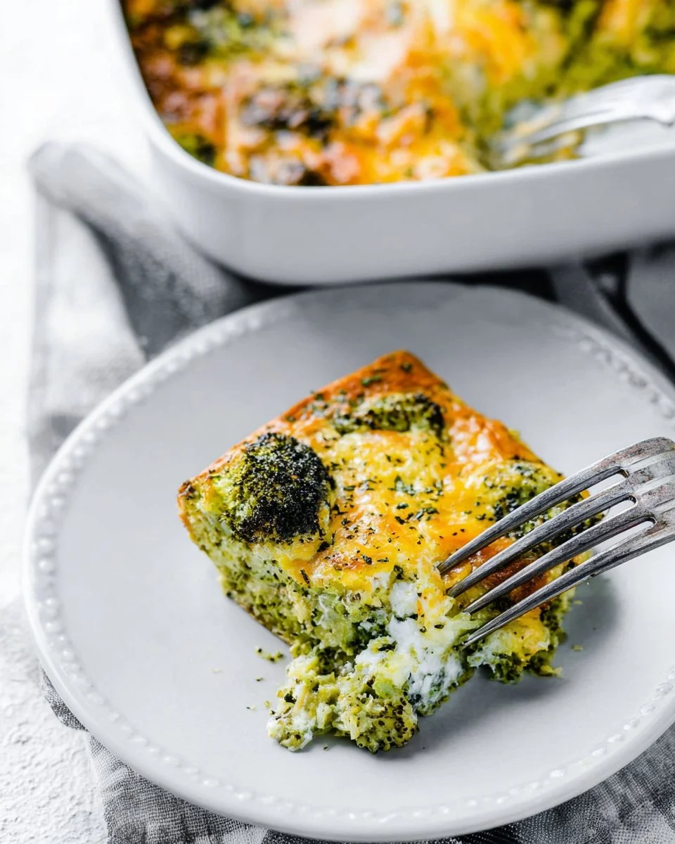 Healthy broccoli egg bake dish topped with cheese and fresh herbs