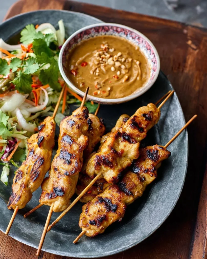 Plate of easy chicken satay skewers with peanut sauce dip