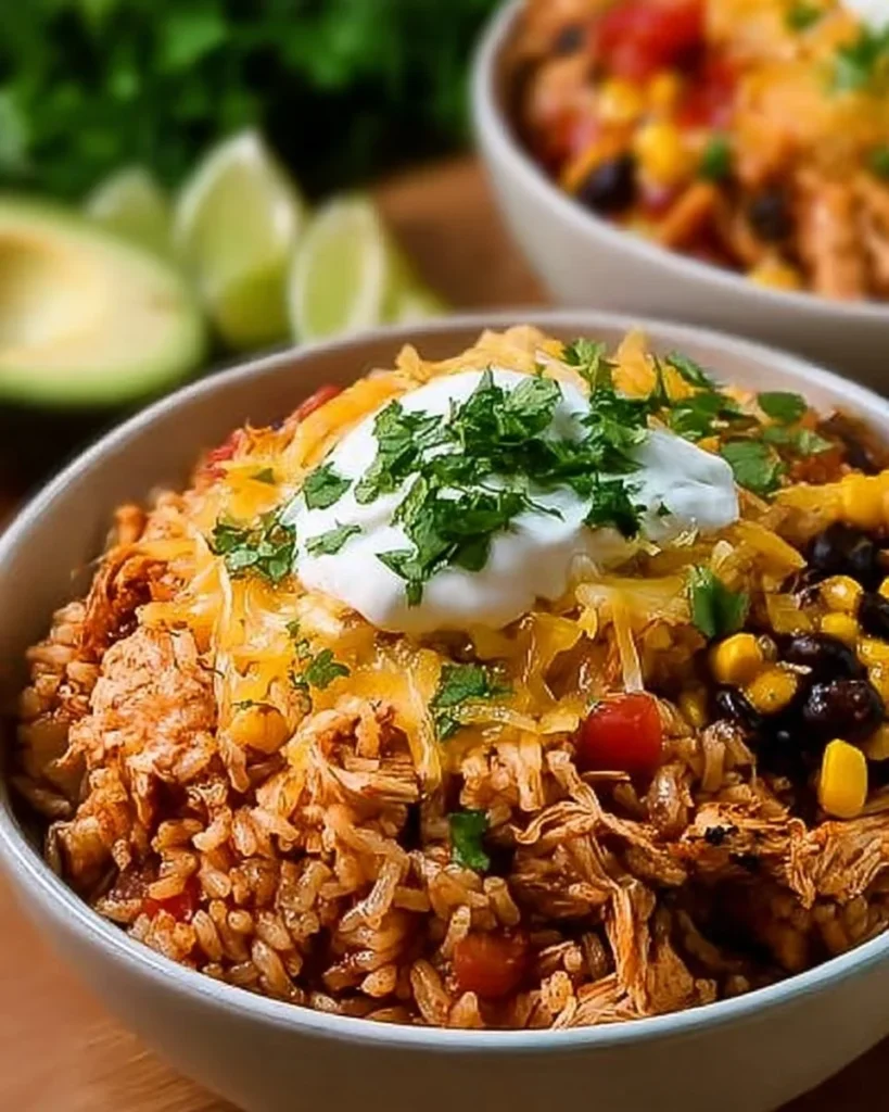 Delicious easy chicken taco rice bowls topped with fresh ingredients.