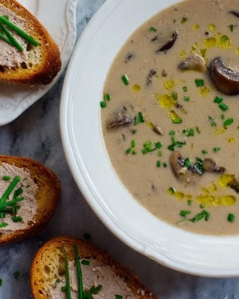 Bowl of creamy, heart-healthy cream of mushroom soup garnished with herbs