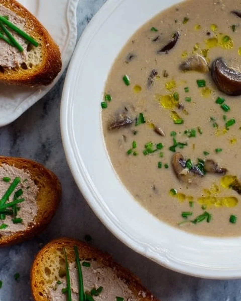 Bowl of creamy, heart-healthy cream of mushroom soup garnished with herbs