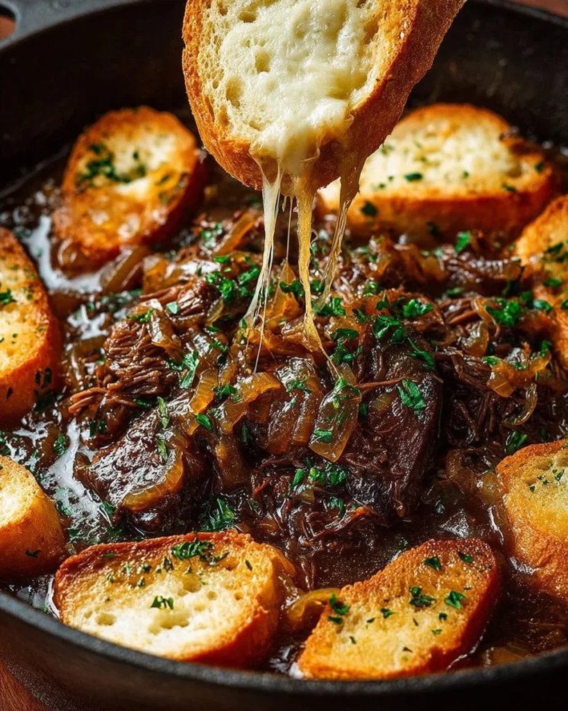 Savory easy French onion pot roast served with vegetables