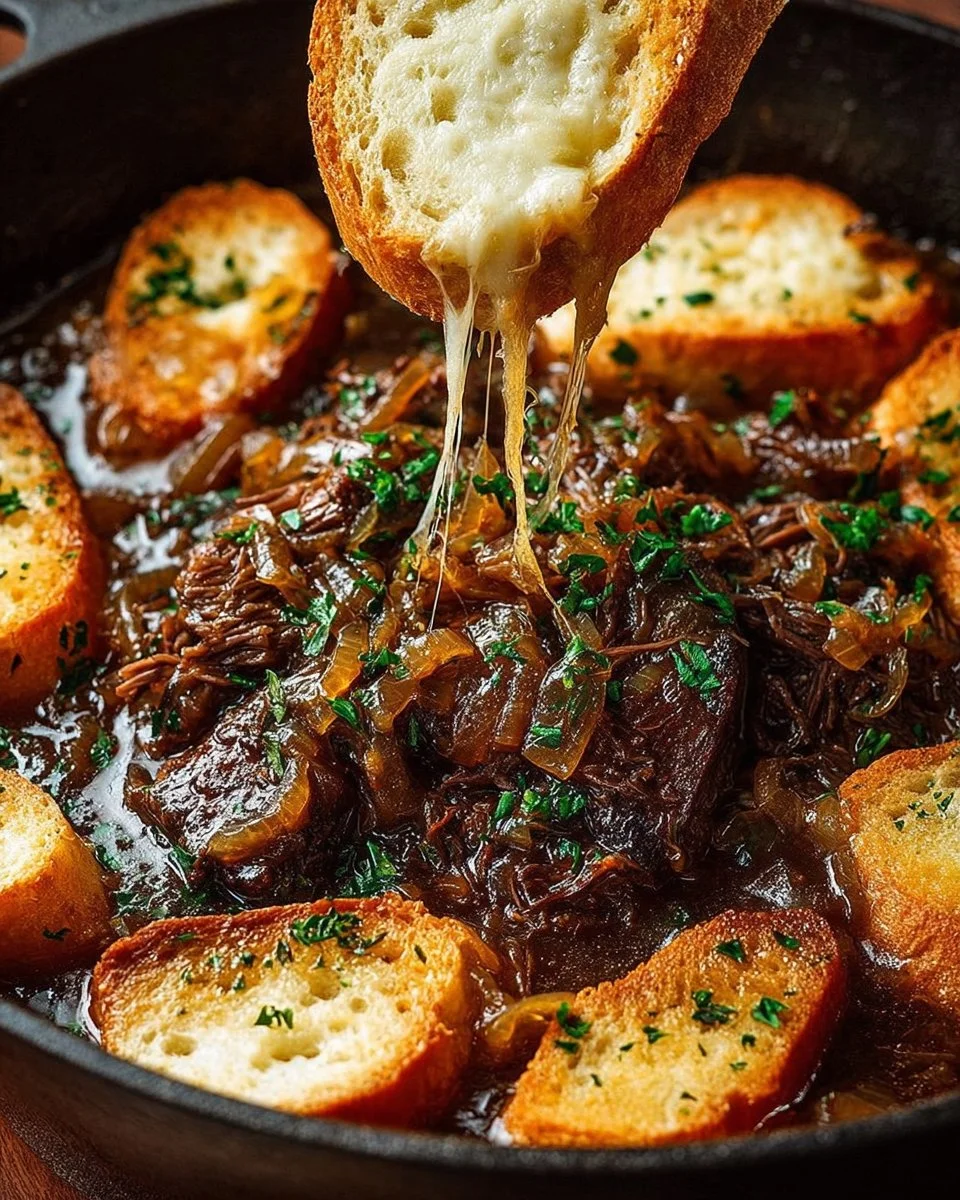 Savory easy French onion pot roast served with vegetables