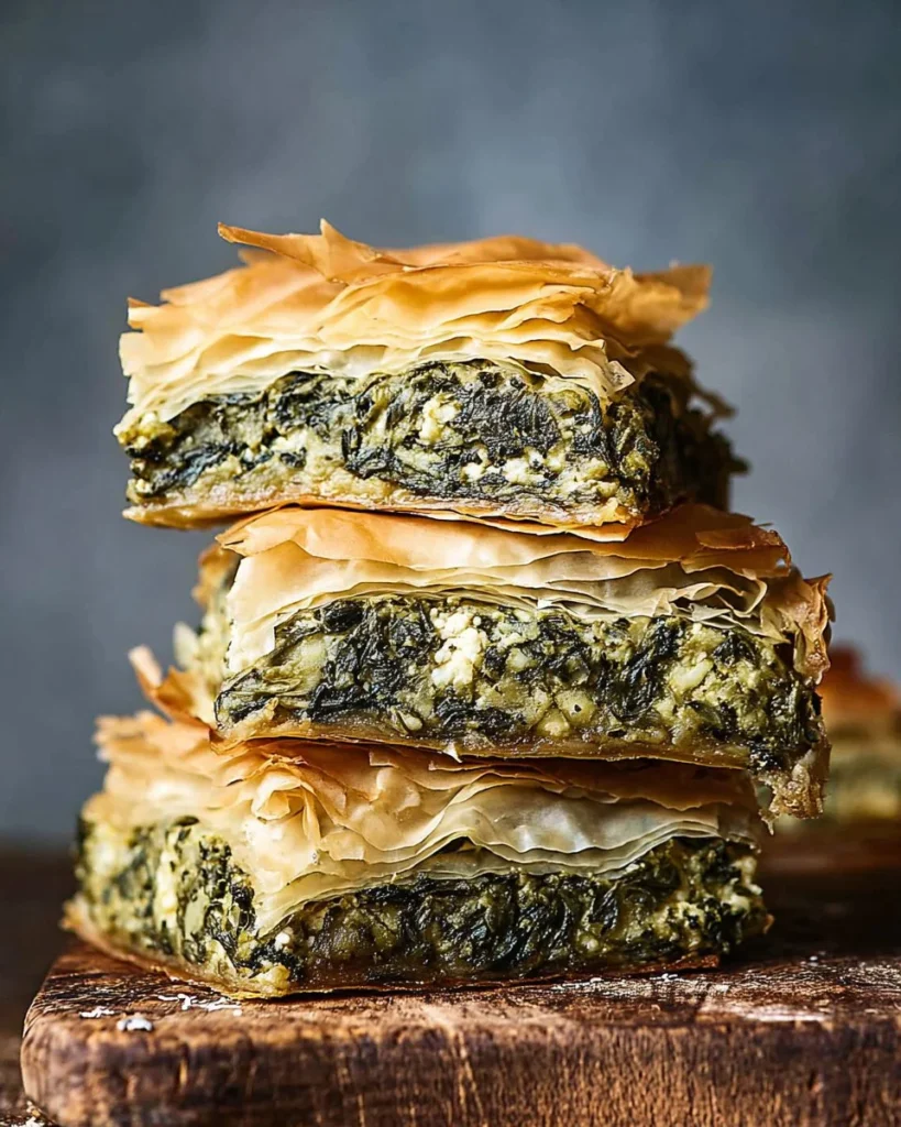Healthy Greek spinach pie (spanakopita) served on a plate with fresh herbs.