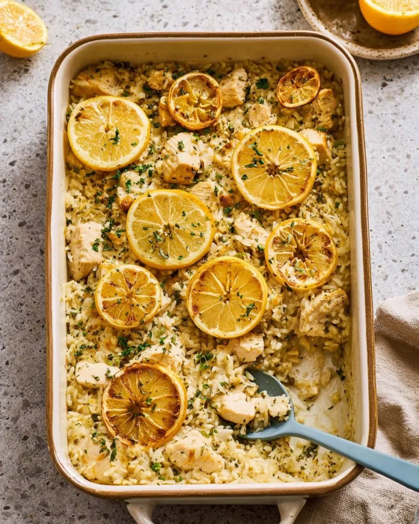Easy lemon chicken casserole dish with herbs and lemon slices on top