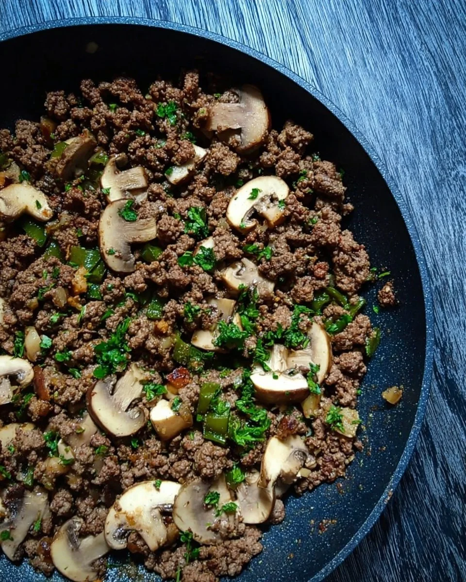 Delicious mushroom and ground beef skillet meal ready to serve
