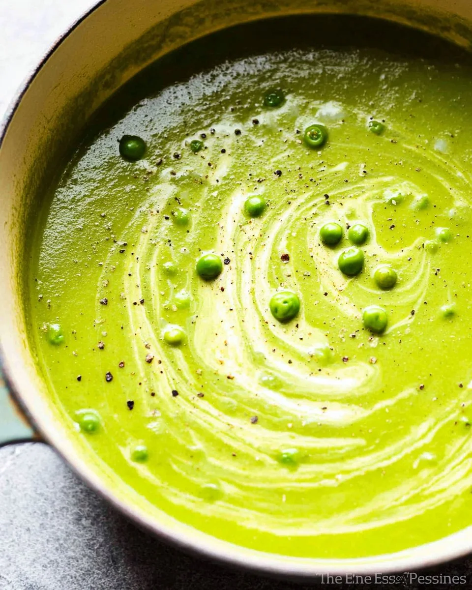 Creamy pea soup served in a bowl, perfect for meal prep and rich in protein.